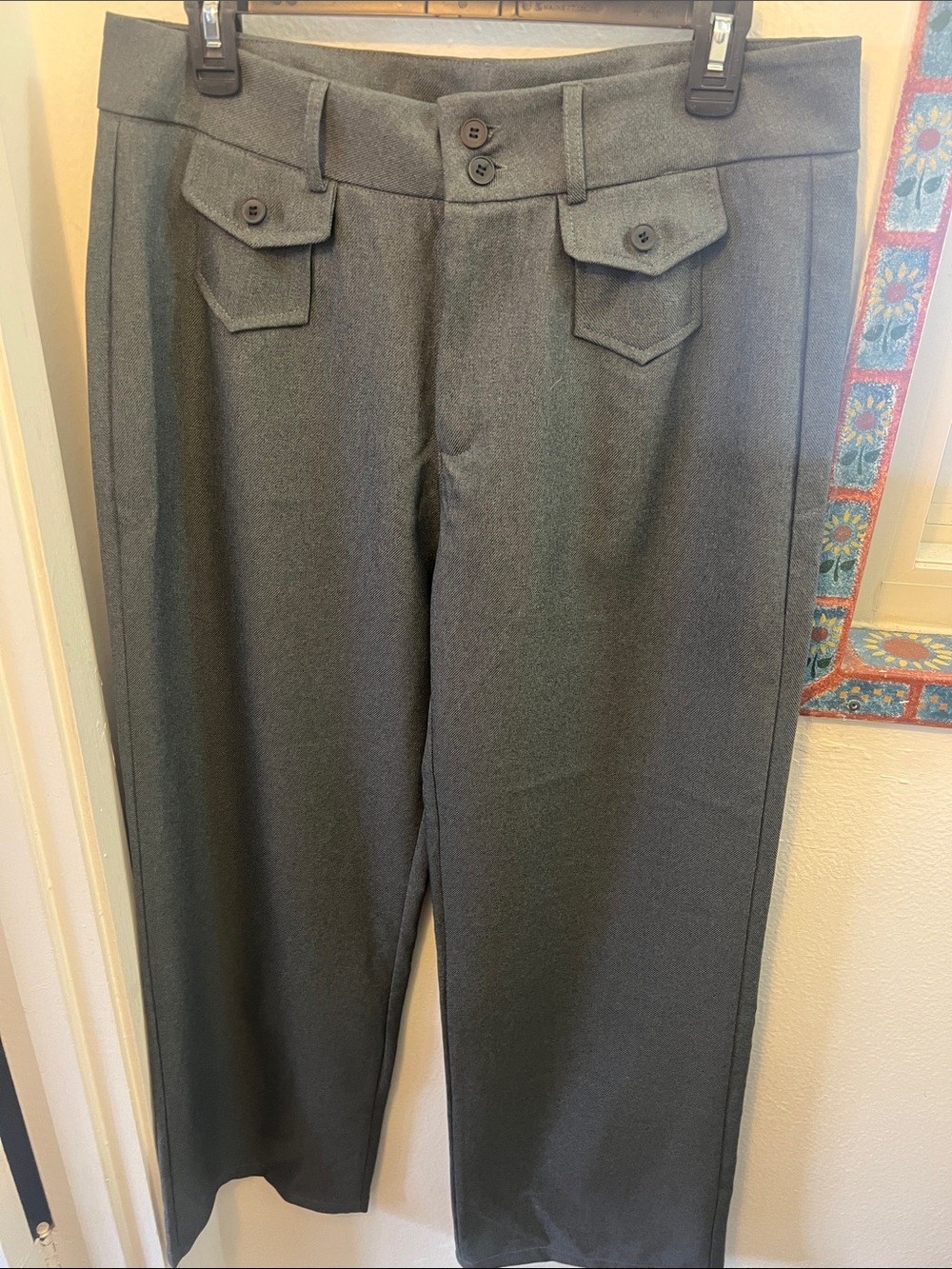 Women's Gray Dress Trousers with Button-Flap Pocket Detail